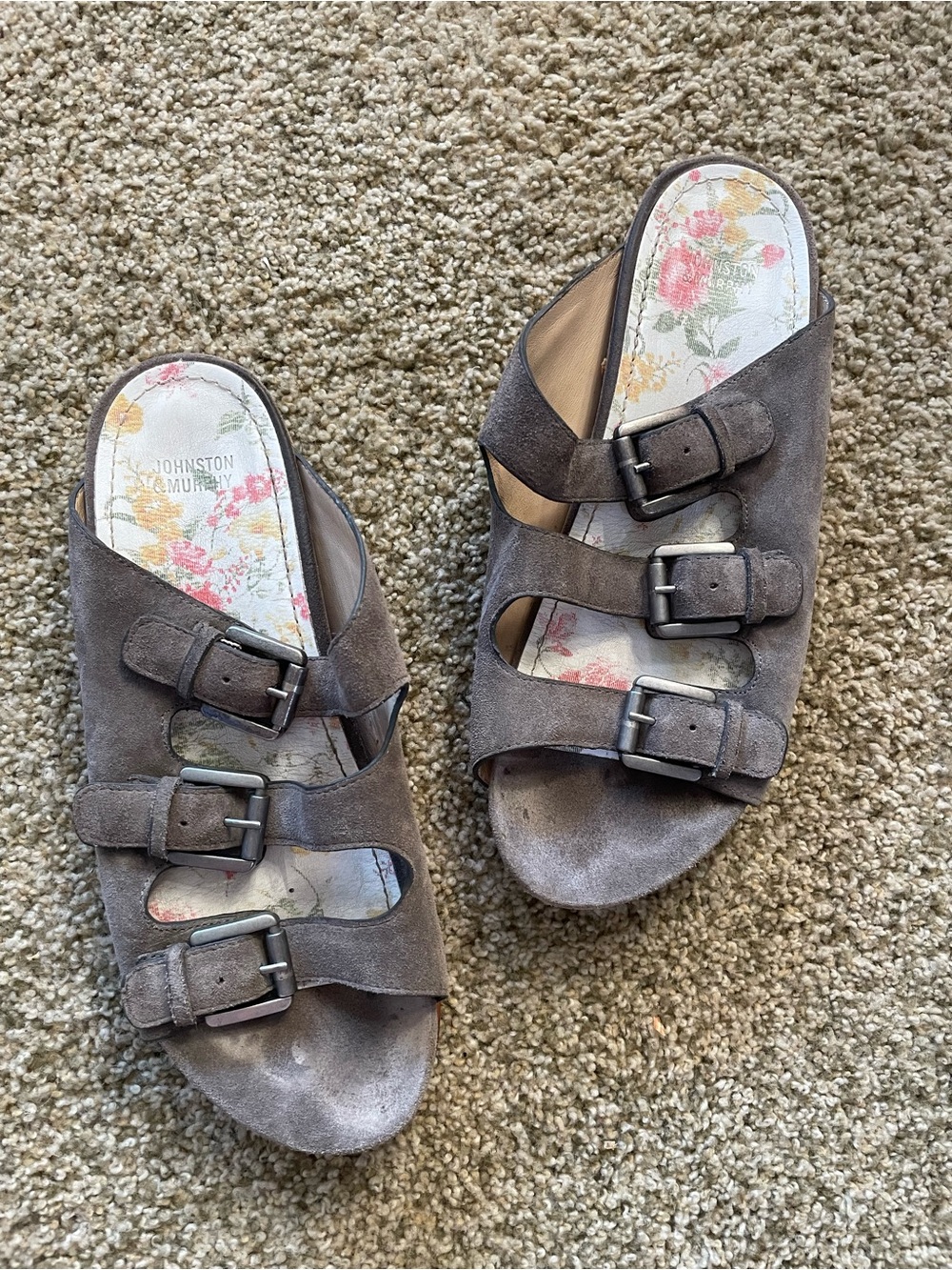 Johnston & Murphy Women's Gray Suede Triple-Buckle Slide Sandals 8 Boho Granola